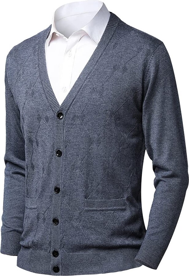 Yukirtiq Mens Classic Button Up Cardigan Grandad Knitted Jumper Sweater Gentleman Long Sleeve Pattern Knitwear with Pockets 