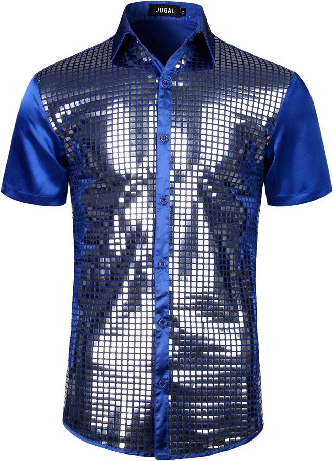 JOGAL Boy's Dress Shirt Sequins Button Down Shirts 70s Disco Party Costume - View #12