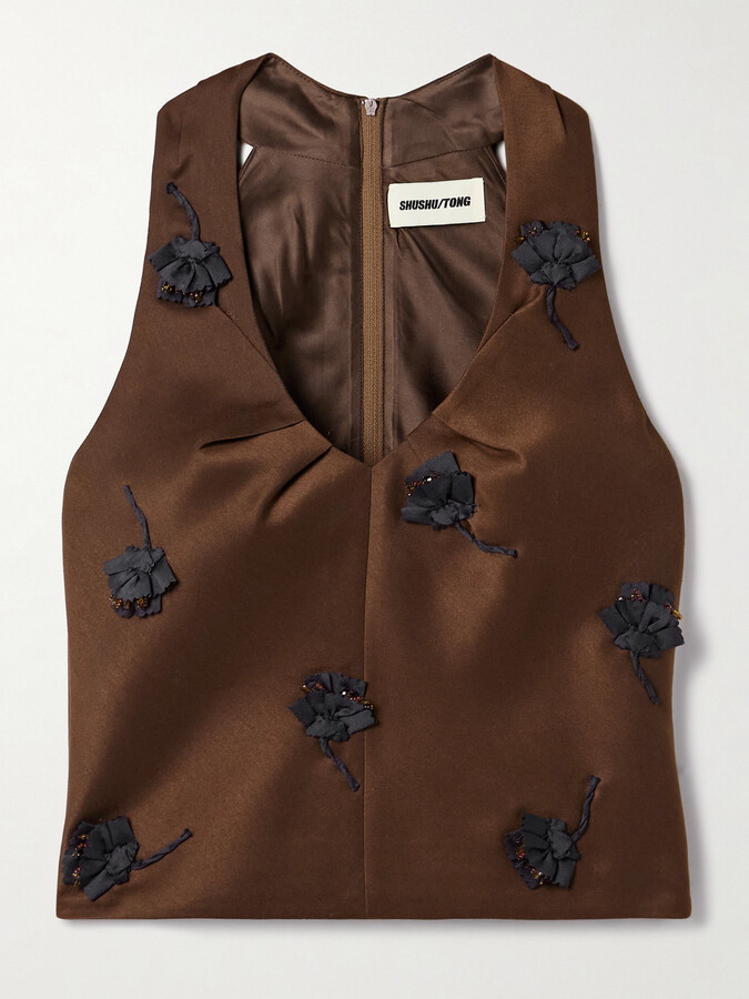 SHUSHU/TONG Appliquéd Embellished Satin Tank - Brown