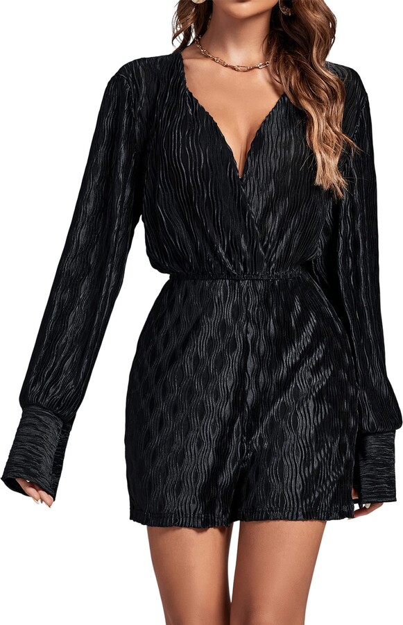 Long Sleeve Short Jumpsuit LYANER Women's Sexy Deep V Neck Shirred