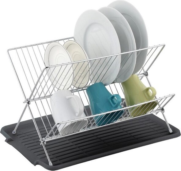 IRIS 2 Tier Stainless Steel Compact Dish Drying Rack with Plastic Drain  Black