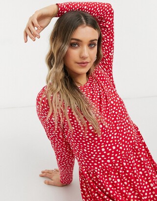 Wednesday's Girl long sleeve midi smock dress in red smudge spot print