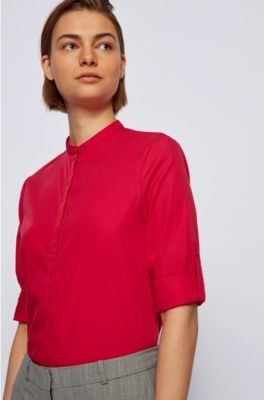 Boss Relaxed-fit blouse in lightweight cotton with stand collar