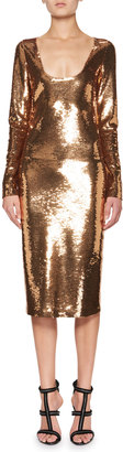 Tom Ford Sequined Long-Sleeve Scoop-Neck Dress, Brown