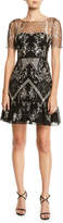 Thumbnail for your product : Marchesa Notte Short-Sleeve Dotted Chiffon Cocktail Dress