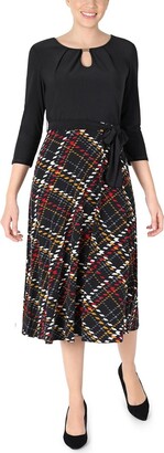 Sandra Darren Women's 3/4 Sleeve ITY Fit & Flare Midi Dress with Key Hole & Belt Detail - Black/Gold/Red, Size: Large