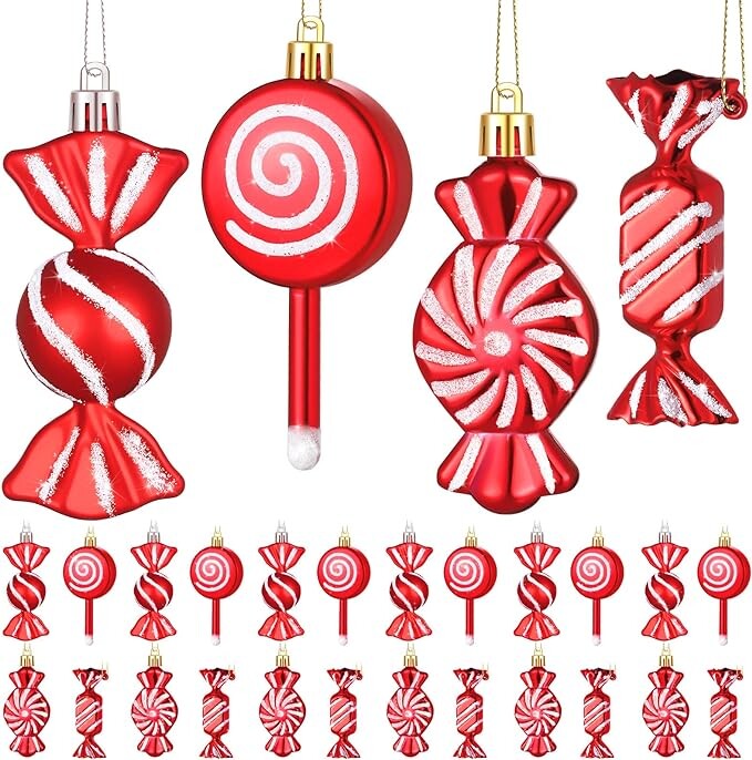24 Pcs Christmas Candy Lollipop Ornament Set Vibrant Red White Candy Cane Ornament Xmas Hanging Lollipop Pattern Decorations with Rope for Xmas Holiday Festival Decor Photo Booth Prop (Vivid Style)