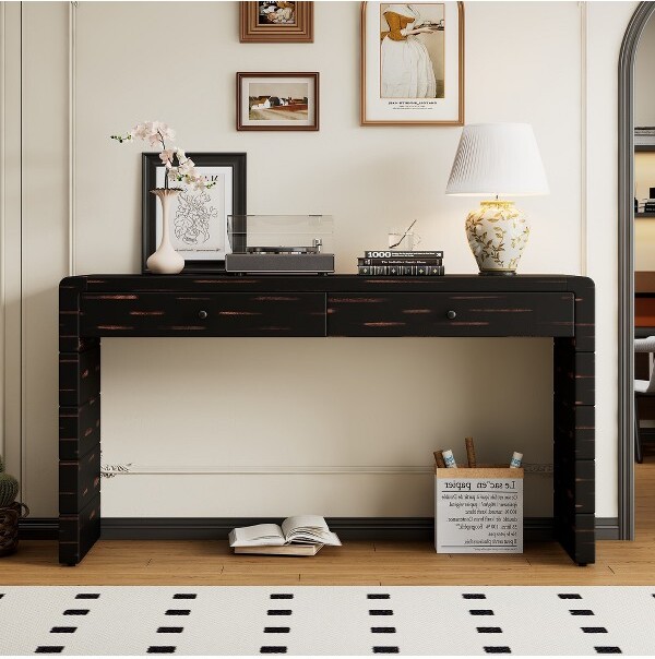 clihome ClihomeCurvedConsoleTablewithStorageWoodenEntrywayTablewith2DrawersFarmhouseRusticConsoleTablesforEntrywayHallwayLivingRoom