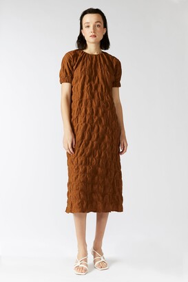 Keegan Women's Brown Terracotta Dress With Short Puffy Sleeves And Waist Tie