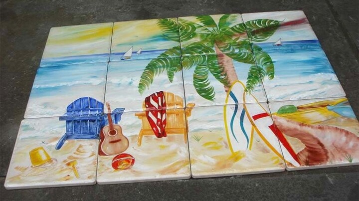 Hand Painted Mural For Kitchen Backsplash, Indoor & Outdoor Porcelain Beach Mural, Back Splash For Bathroom Fireplace, Surfing Tiles