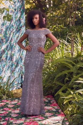 Tadashi Shoji Cap Sleeve Illusion Neck 