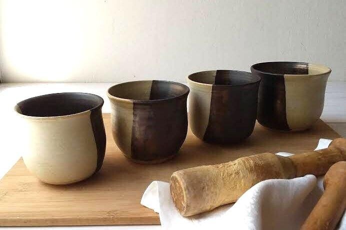 Bronze Pottery Bowl, Ceramic Cherry Berry Small Beige Black Herbal Tea Bowl