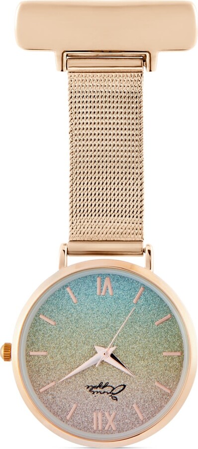 Bermuda Watch Company Annie Apple Glitter Rainbow/Rose Gold Mesh Nurse Fob Watch