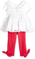 Thumbnail for your product : Lili Gaufrette Lace-Trim Cotton Voile Dress & Pique-Knit Pants w/ Bow Detail
