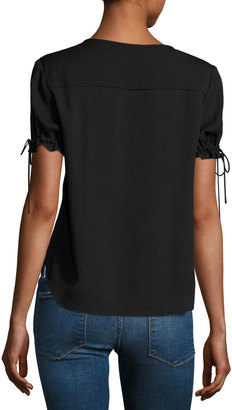 Frame Tie-Cuff Short-Sleeve Crepe Shirt, Black