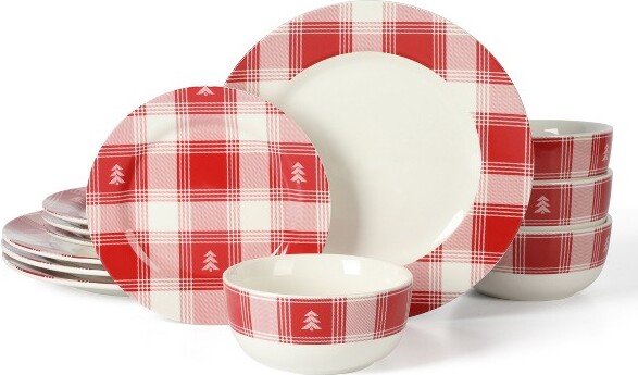Martha Stewart MarthaStewartPlaid12-PieceDecoratedRedandWhiteStonewareDinnerwareSet