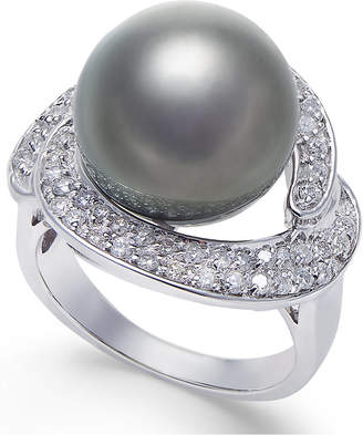 Macy's Cultured Black Tahitian Pearl (13mm) and diamond (5/8 ct. t.w.) Ring in 14k White Gold