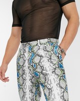 Thumbnail for your product : ASOS EDITION tapered trousers in grey faux leather with snake print and neon