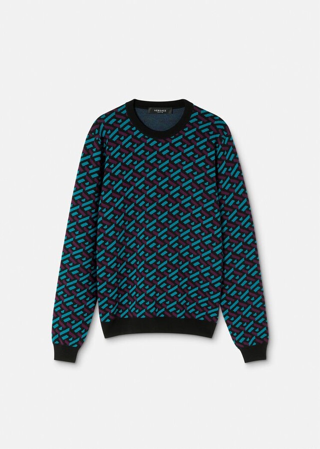 free shipping VersaceMen Clothing Fleeces & Tracksuits Fleeces All-over  Lagreca Jacquard Sweater Teal/Plum Buy on the official website Shop Now