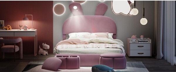 TinyhomieFullupholsteredplatformbedcartoonearheadboardwithlightpink