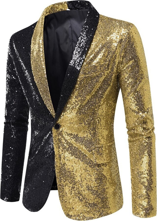 RUMAOZIA Sequin Jacket Men's Glitter Jacket Men's Gold Glitter Blazer One Button Slim Fit