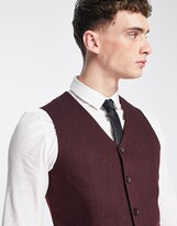 Thumbnail for your product : ASOS DESIGN wedding skinny wool mix suit waistcoat in burgundy herringbone
