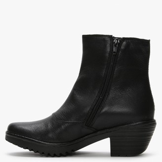 Fly London Wine Black Leather Block Heel Ankle Boots