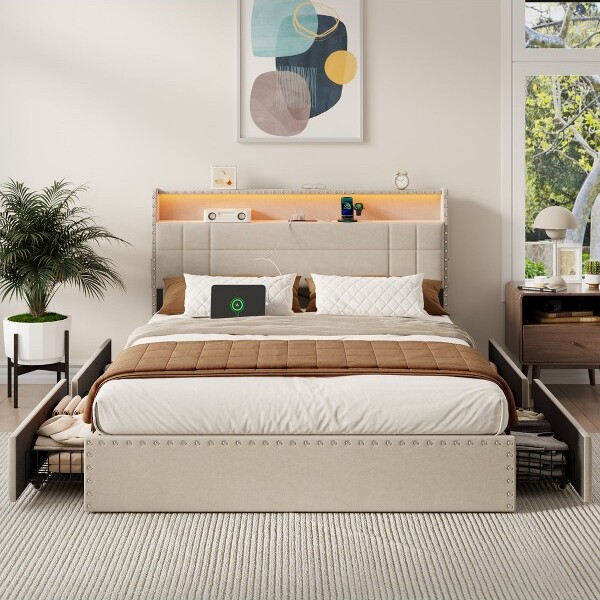 Qwatto BeigeQueenSizeUpholsteredBedFrame4StorageDrawersLEDLightsChargingStationHeadboardHeavyDutyMetalPlatformNoBoxSpringNeeded