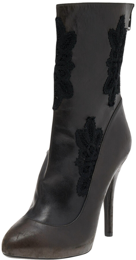 Dolce & Gabbana Dark Brown/Black Leather and Lace Ankle Boots Size 39