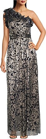 Metallic Ruffle Neck One Shoulder Printed Crinkle Gown
