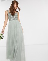 Thumbnail for your product : Maya Bridesmaid sleeveless square neck maxi tulle dress with tonal delicate sequin overlay in sage green