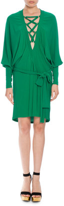 Balmain Lace-Up Belted Batwing Dress, Emerald Green