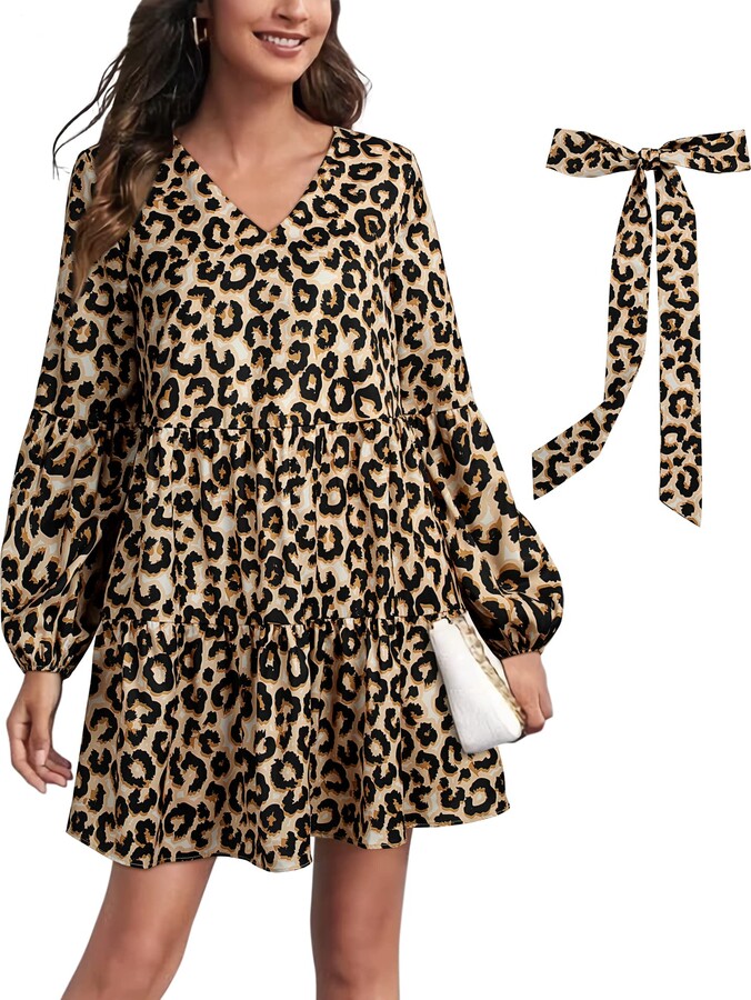 Womens Casual Paneled Body Loose Relaxed Fit Tunic Dress Top Leopard Print 10-16 