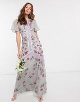 Thumbnail for your product : Maya Bridesmaid all over floral embellished fluted sleeve maxi dress in silver