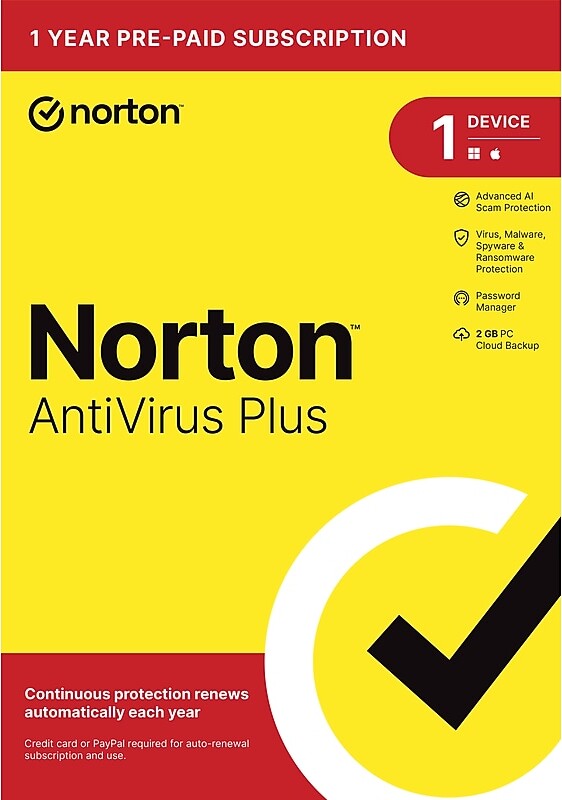 Norton Co. AntiVirus Plus, Antivirus Software for 1 Device with Auto-Renewal, Advanced AI Scam Protection, Password Manager