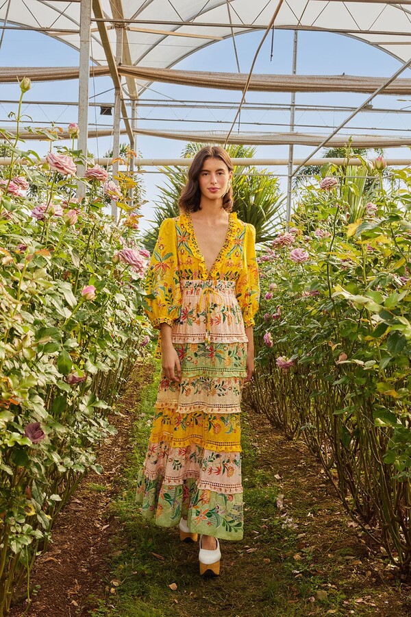 FARM RIO ACTIVE Mixed Delicate Flowers Long Sleeve Maxi Dress