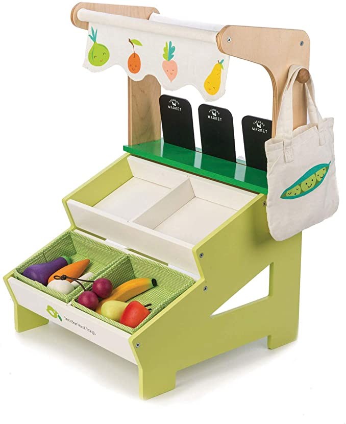 Tender Leaf Toys Farmer’s Market Stall – Wooden Grocery Store Stand with Fruits and Vegetables - Social, Creative, and Imaginative Development – Learning Role Play Shop – Ages 3 Years +