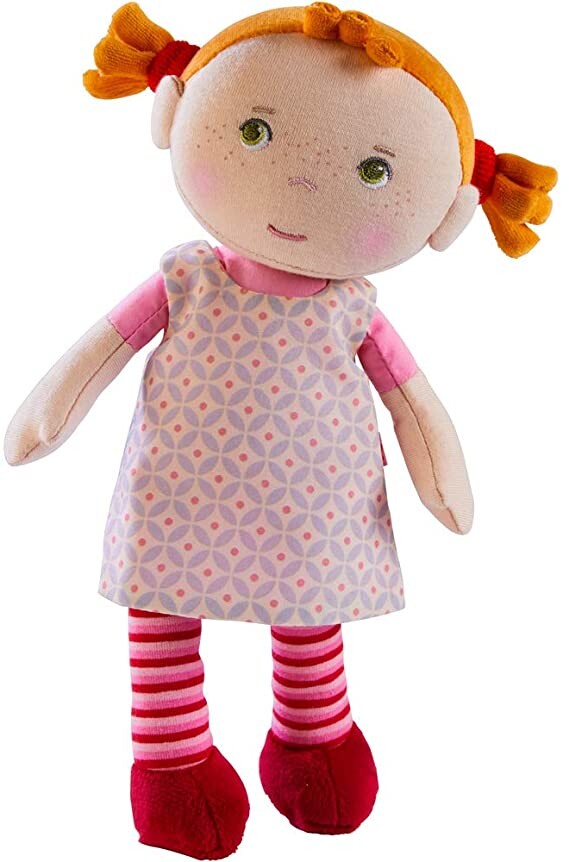 HABA Snug Up Roya - 10" Soft Doll with Fuzzy Red Pigtails, Embroidered Face and Removable Pink Dress (Machine Washable) for Ages 18 Months +