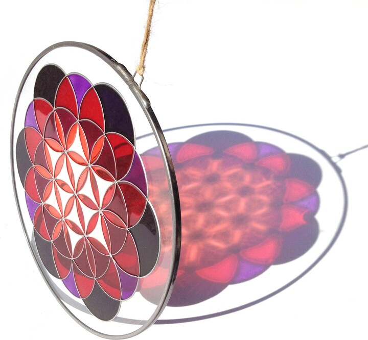 Etsy Flower Of Life Mandala in Purple Red & Silver Sacred Geometry Glass Suncatcher