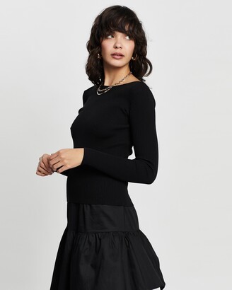 Staple the Label - Women's Black Jumpers - Ribbed Boat Neck Top - Size 8 at The Iconic