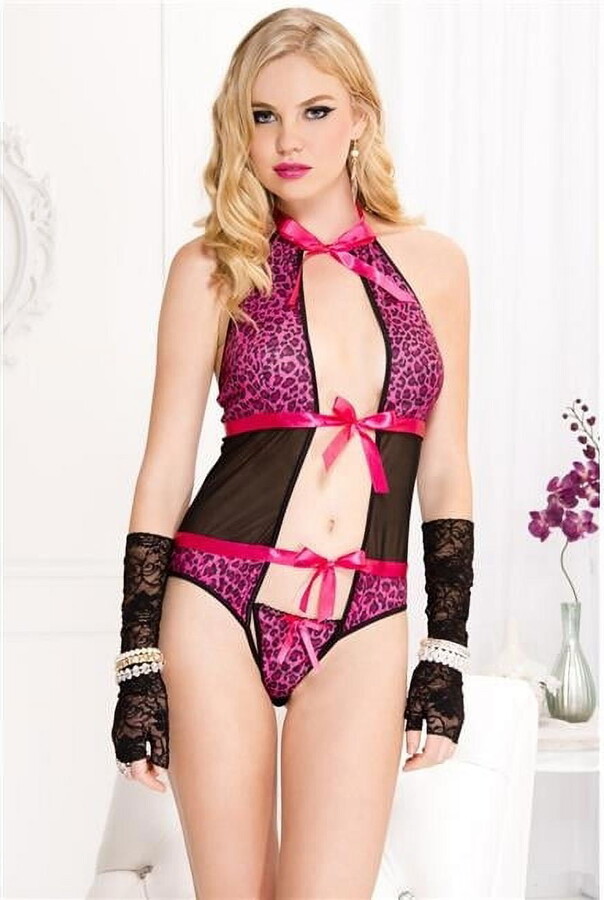 Music Legs Women’s Leopard print teddy with satin bows and g-string 80002-BLACK/HOTPINK