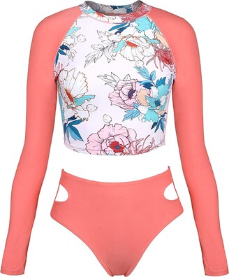 Charmo Womens One Piece Swimsuit Plus Size Long Sleeve Front Zipper Rash  Guard Swimwear
