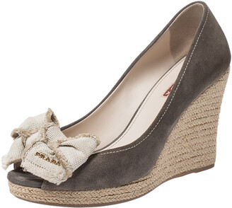 Prada Olive Green/Beige Suede and Canvas Bow Peep Toe Espadrille Wedge Pumps  Size 38.5 - ShopStyle