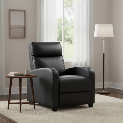 Latitude Run Homal Black Recliner, Leather Single Sofa, Padded Seat, Club Chair For Living Rooms, Suitable For Home Theaters