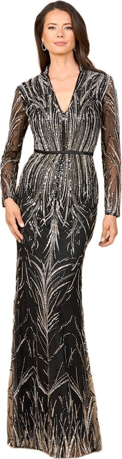 Lara Women's Mandarin V-Neck Gown with Long Sleeves