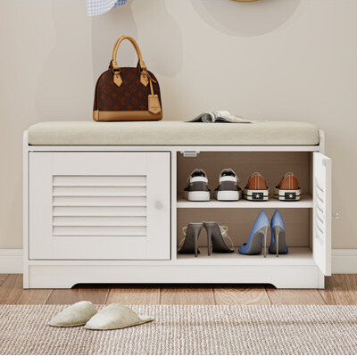 Orth Shoes Storage Bench with 2 Door Cabinet, Shoe Bench with Cushion