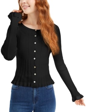 Ultra Flirt Juniors' Ruffle Pointelle-Knit Button-Front Sweater