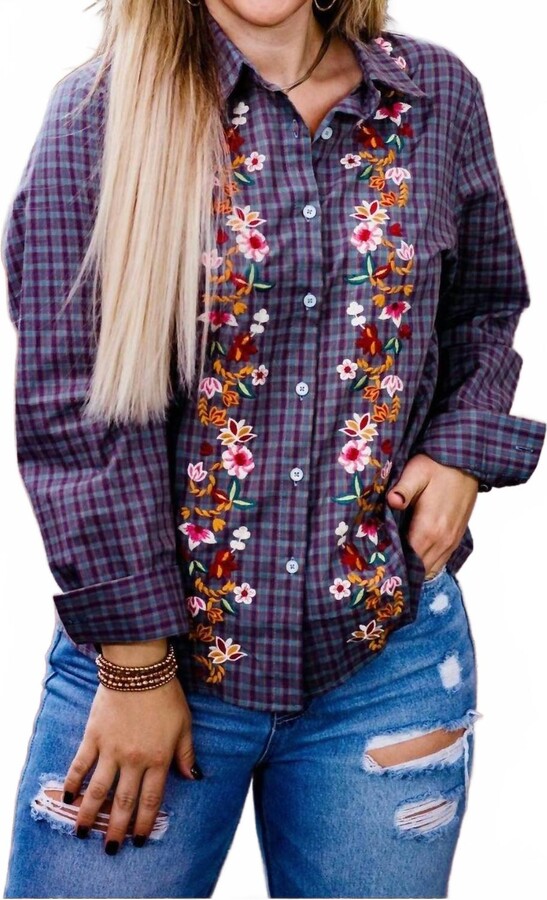 Layerz Clothing Gracie Plaid Embroidered Top In Purple Multi