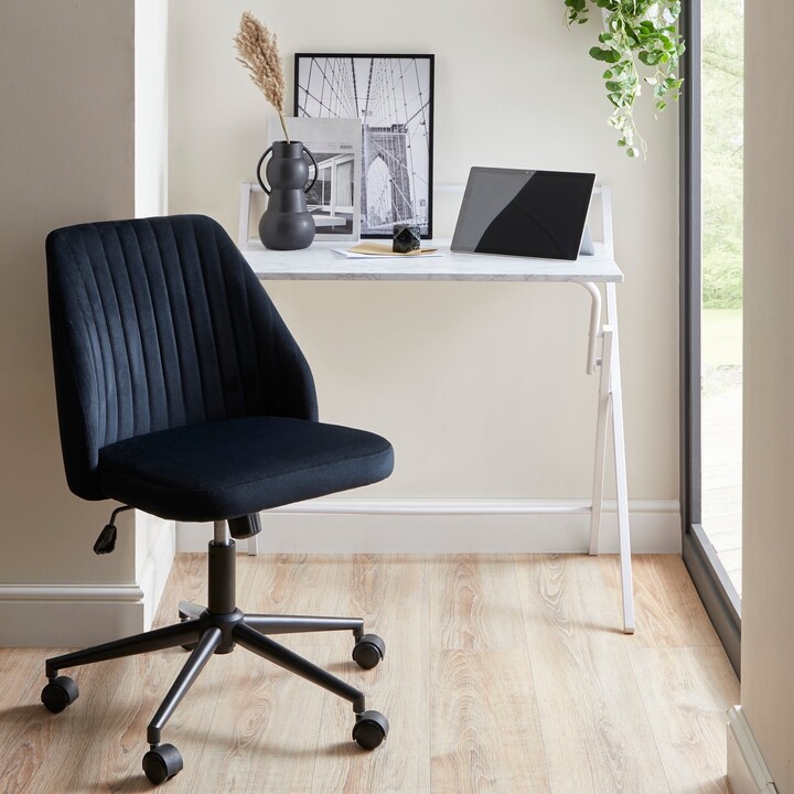 Dunelm Evelyn Marble Folding Desk and Mya Black Velvet Chair Starter Pack Black and white