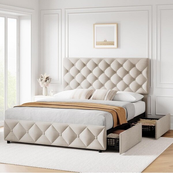 Acekool FullSizeBedFramewith4StorageDrawersandAdjustableHeadboardLinenUpholsteredPlatformBedFrameDiamondStitchedButtonTuftedoffwhite